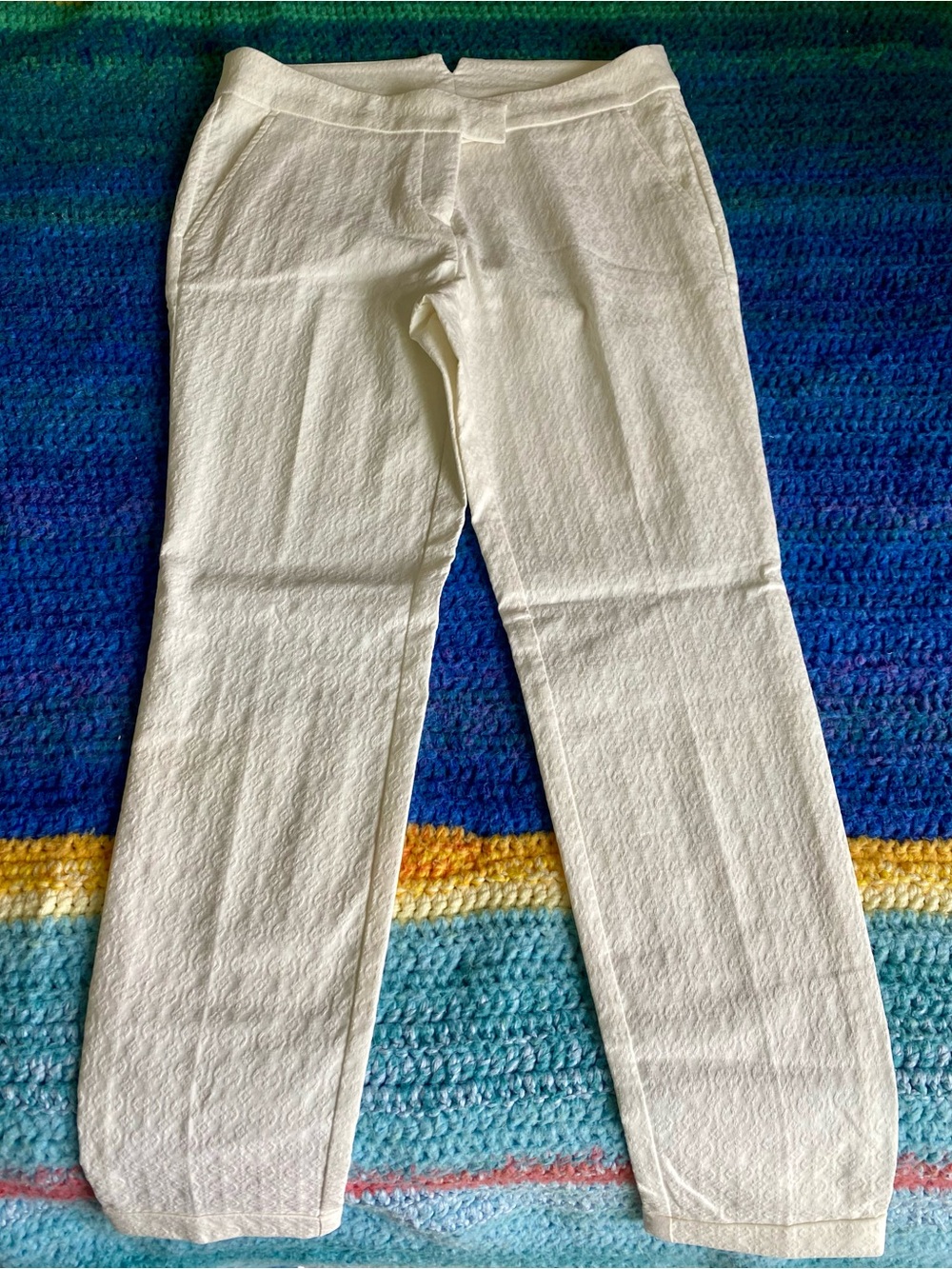 Cynthia Rowley Cream Textured Straight-Leg Cuffed Chinos Slacks